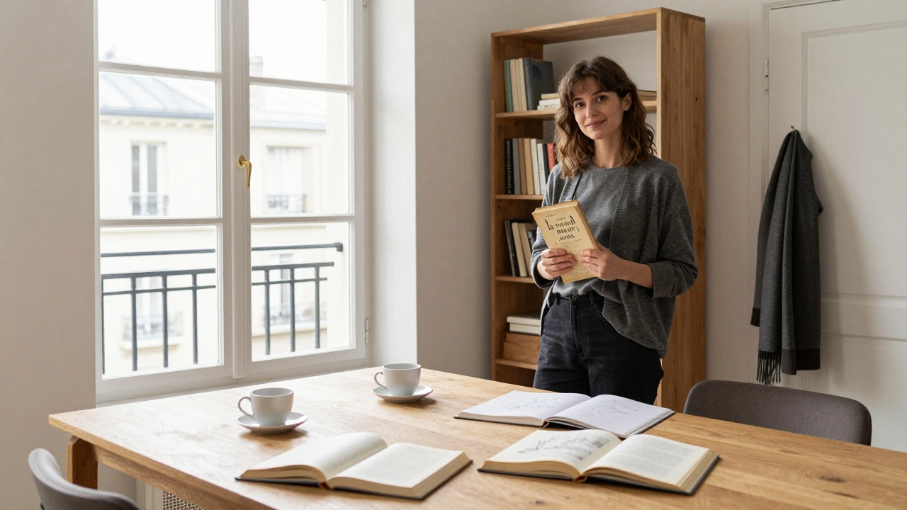 A woman holds a French poetry book in a sunlit studio, surrounded by books and coffee cups after a heartfelt talk.