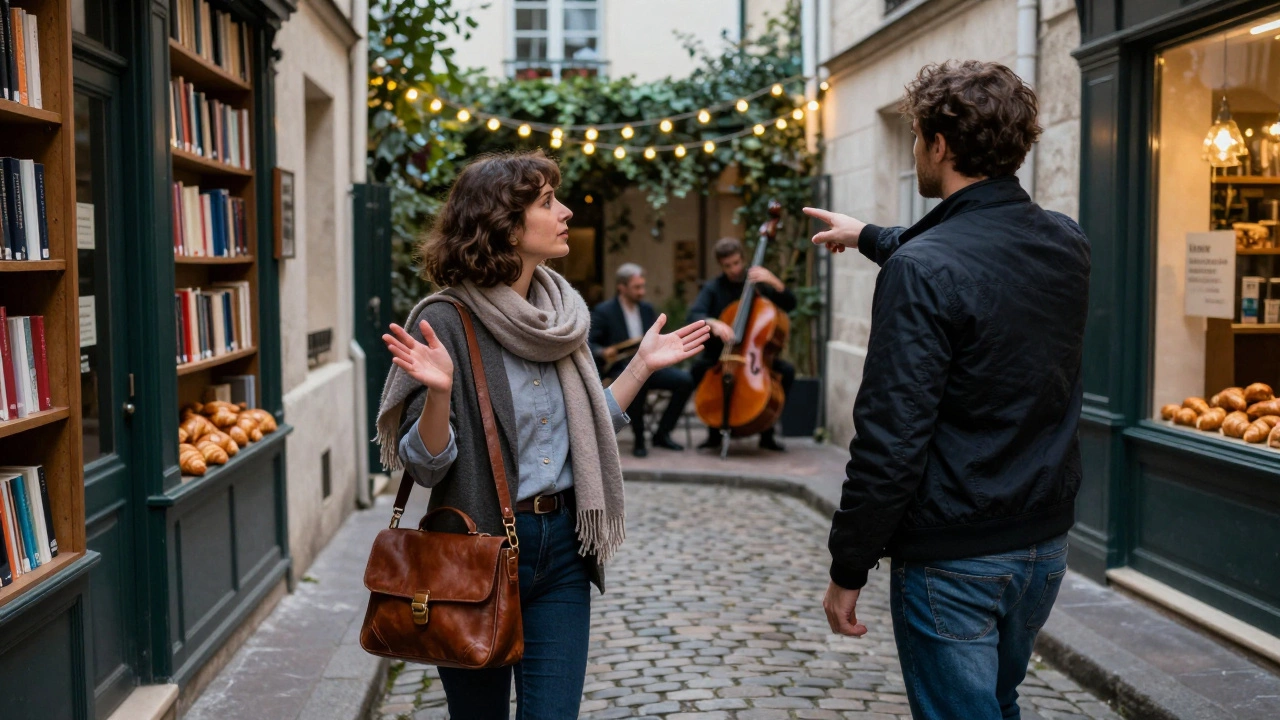 A woman points out a hidden jazz courtyard in Montmartre as a man listens, surrounded by Parisian charm.