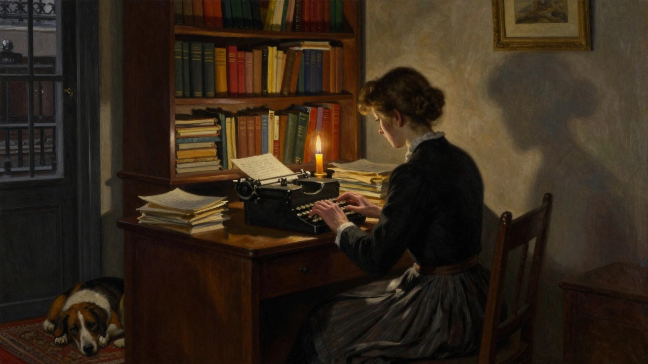 Woman typing at a desk in a boarding house, candlelight glowing, books and papers surrounding her in quiet determination.