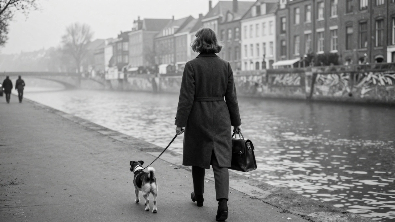 Woman walking her dog along the Seine at dawn, carrying a satchel, mist rising from the river in early 20th century Paris.